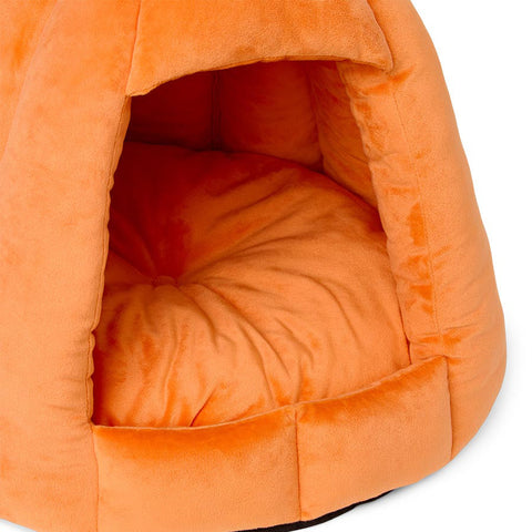 Halloween Jack O’ Lantern Igloo Bed – Orange Hideaway for Cats & Small Dogs